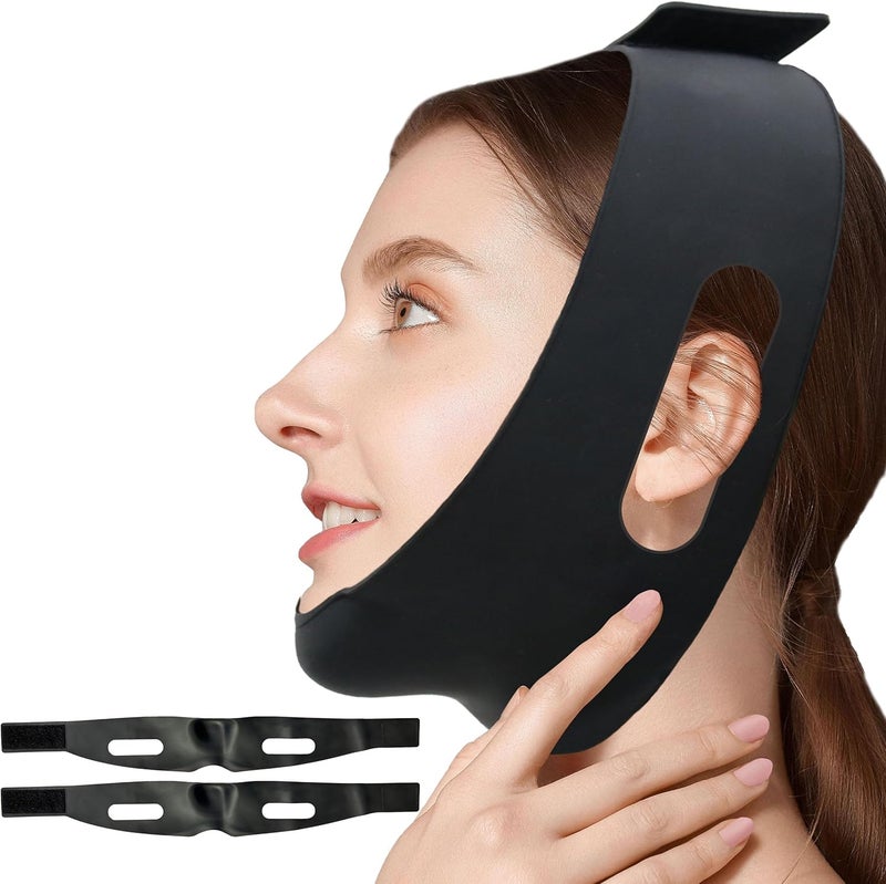 WIDVIH Post Surgical Silicone Chin Strap，Reusable Neck & Chin Lipo Compression Garment，Anti Snoring Chin Strap，Better Sleep Stop Snoring Chin Strap for Women & Men (Black 2PCS) - Image 1